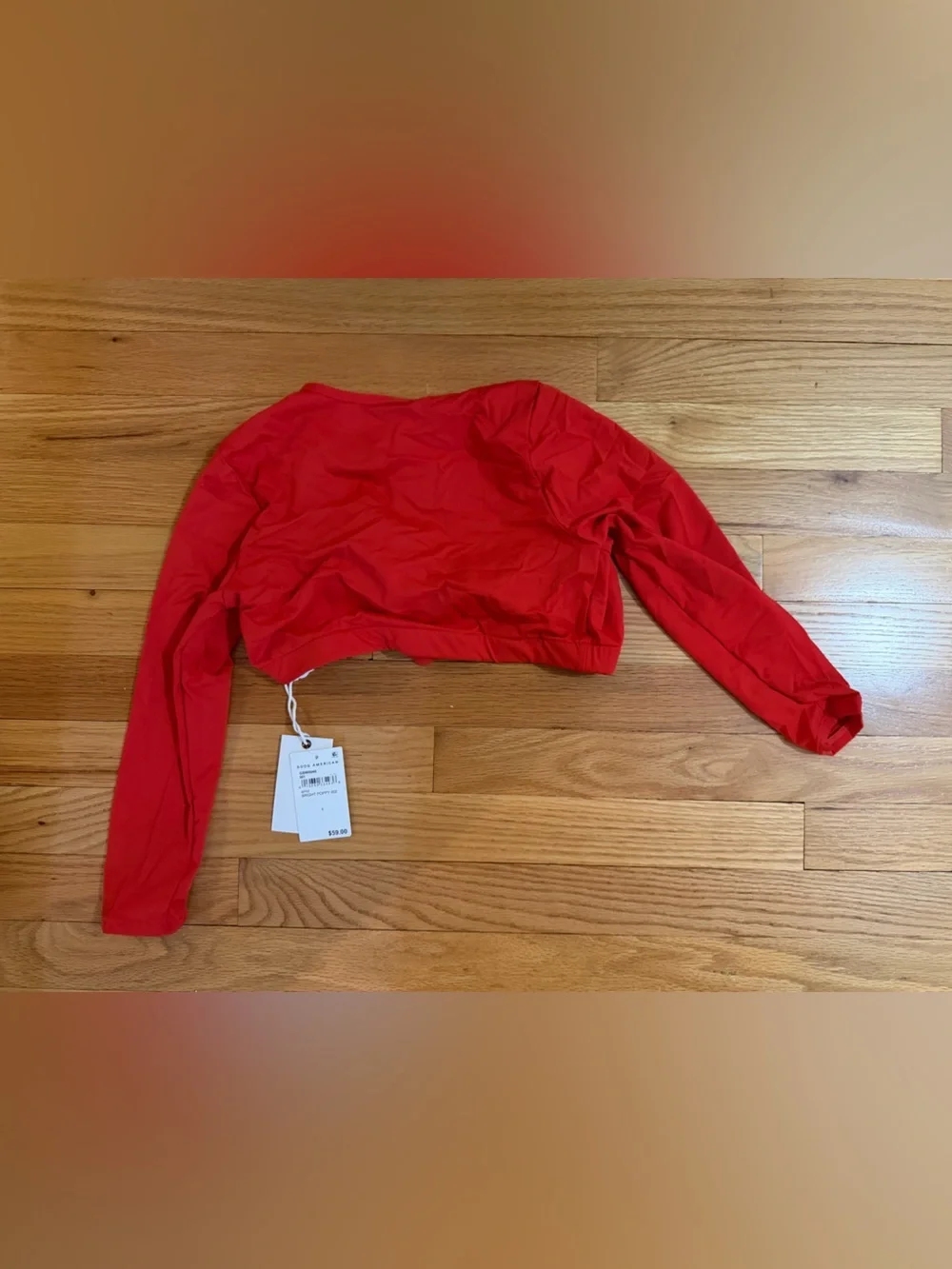 Good American Coral Red Long Sleeve Tie Front Bikini Top
